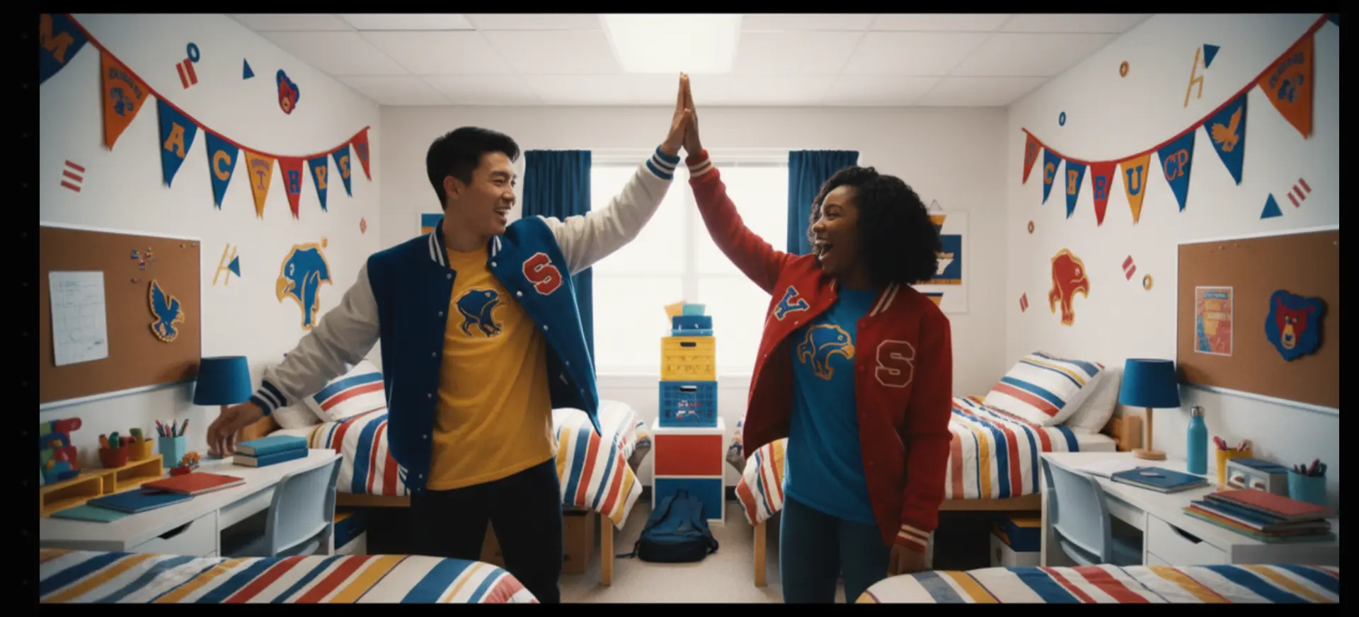 Two students high-fiving in a decorated dorm room